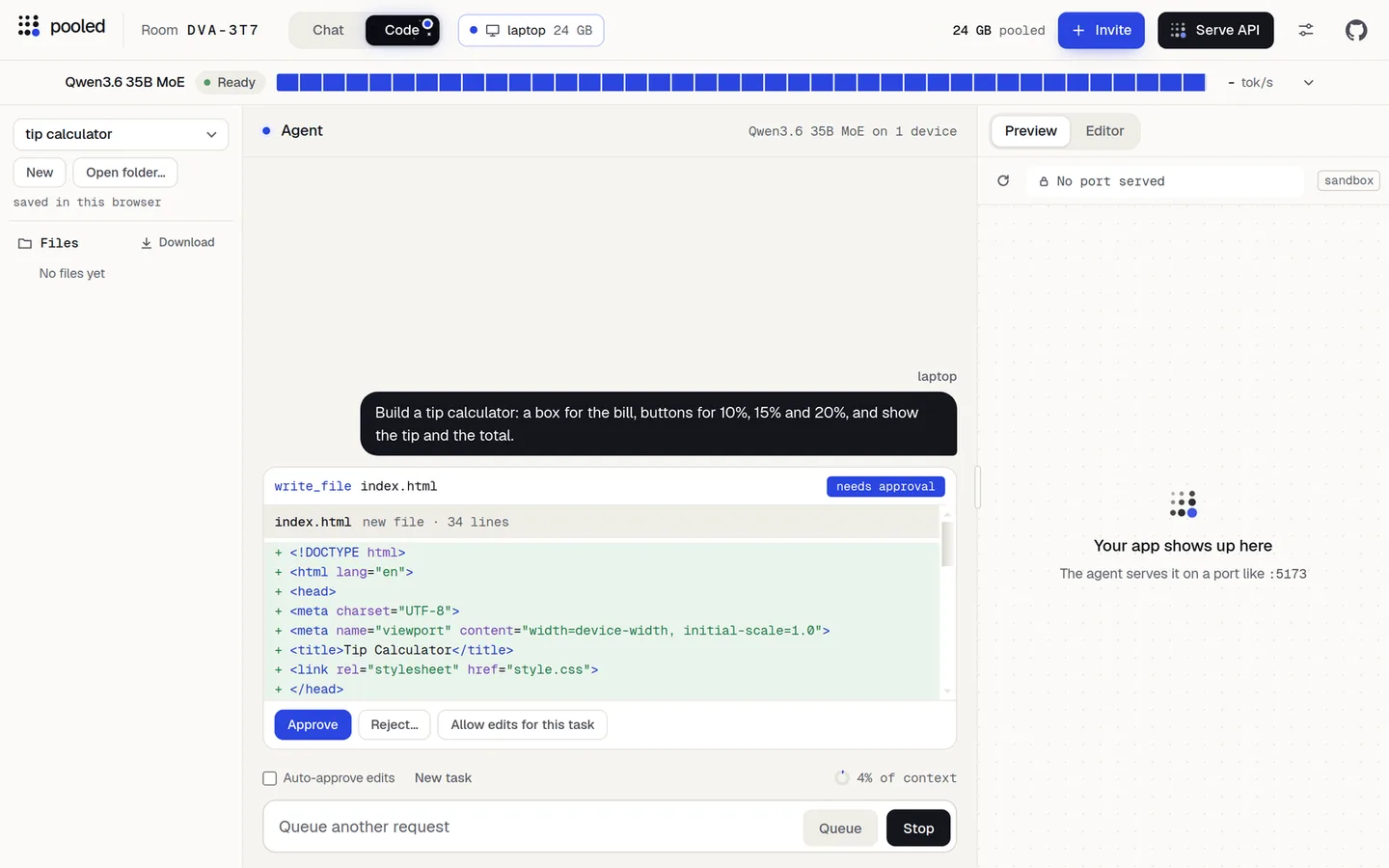 Code mode with Qwen3.6 35B MoE: write_file index.html marked needs approval, the new file's diff, and Approve, Reject and Allow edits for this task