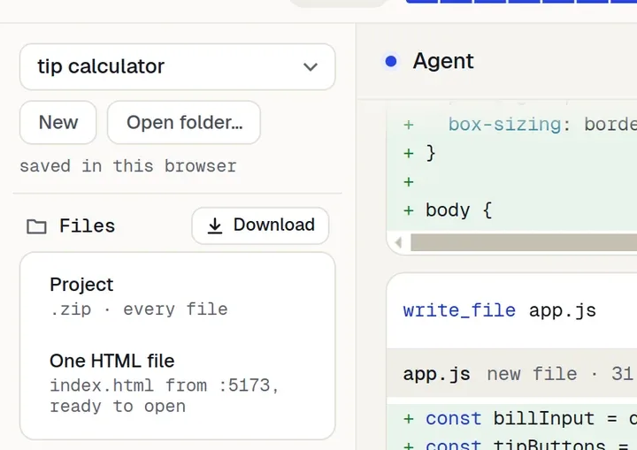 The Download menu: Project .zip, every file, and One HTML file, index.html from :5173, ready to open