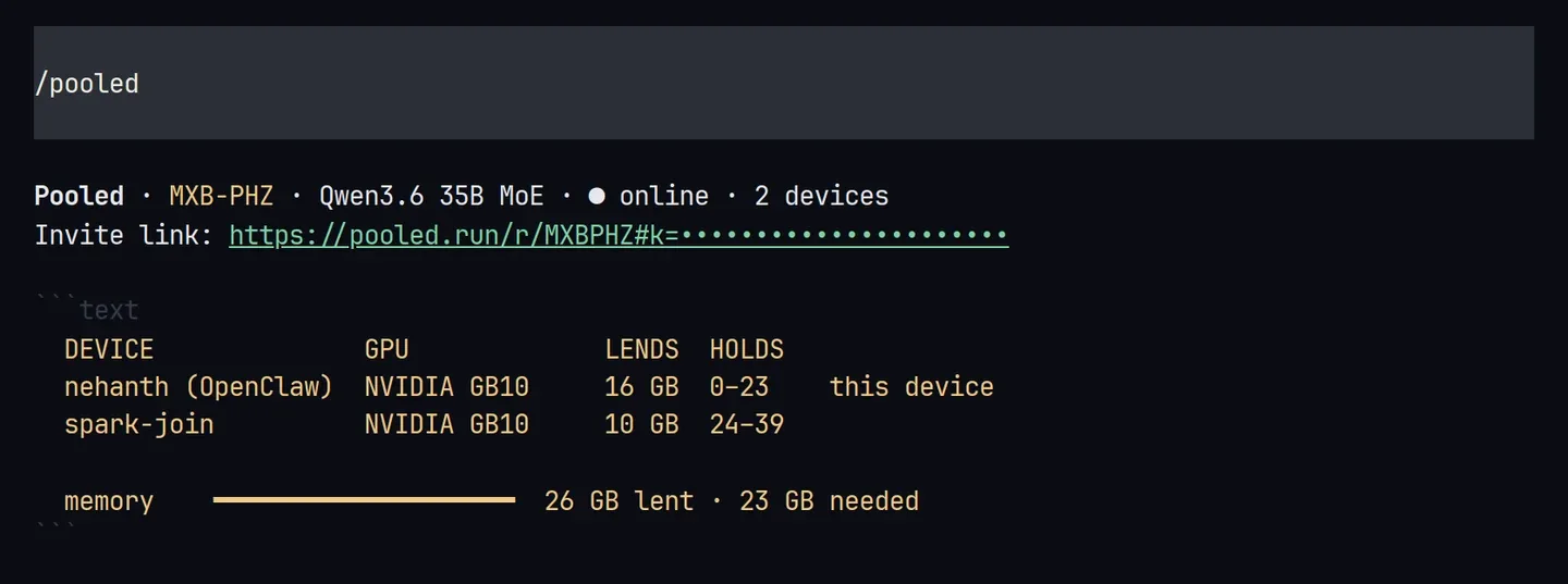 /pooled: Qwen3.6 35B MoE online, 2 devices, holds 0-23 and 24-39, 26 GB lent of 23 GB needed